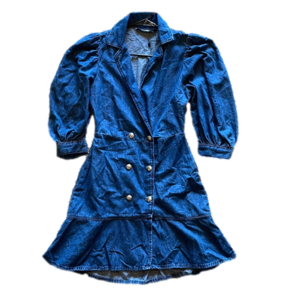 Zara XS DOUBLE BREASTED DENIM JACKET DRESS PUFF SLEEVE DRESS - Picture 2 of 7